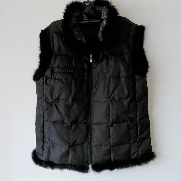 Down Feathers Filled Reversible Quilted Fur Trim Puffer Vest, Size M - Picture 6 of 16